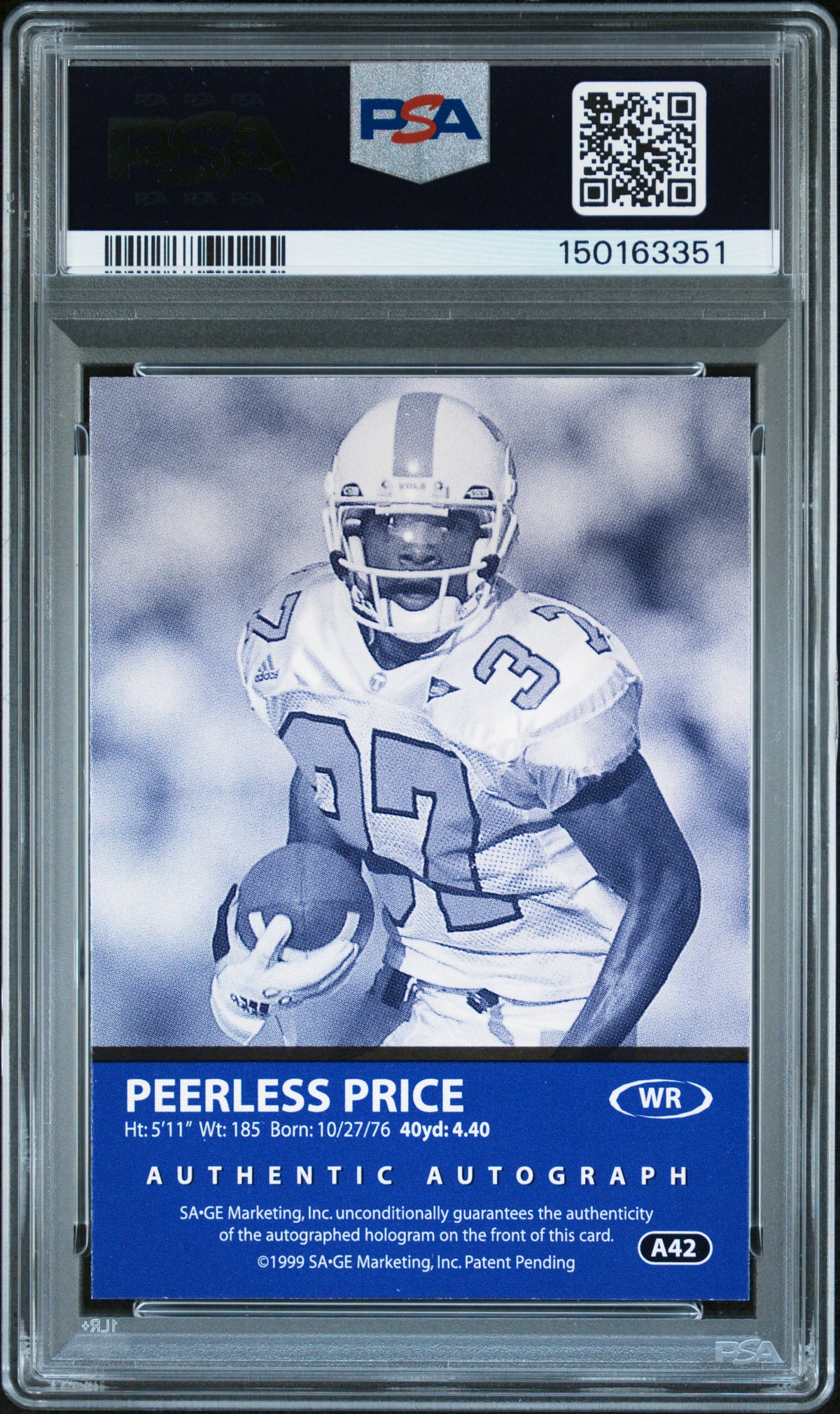 1999 Sa-Ge Autographs Peerless Price #A42 Silver /93 POP 1 PSA A Auto 10
