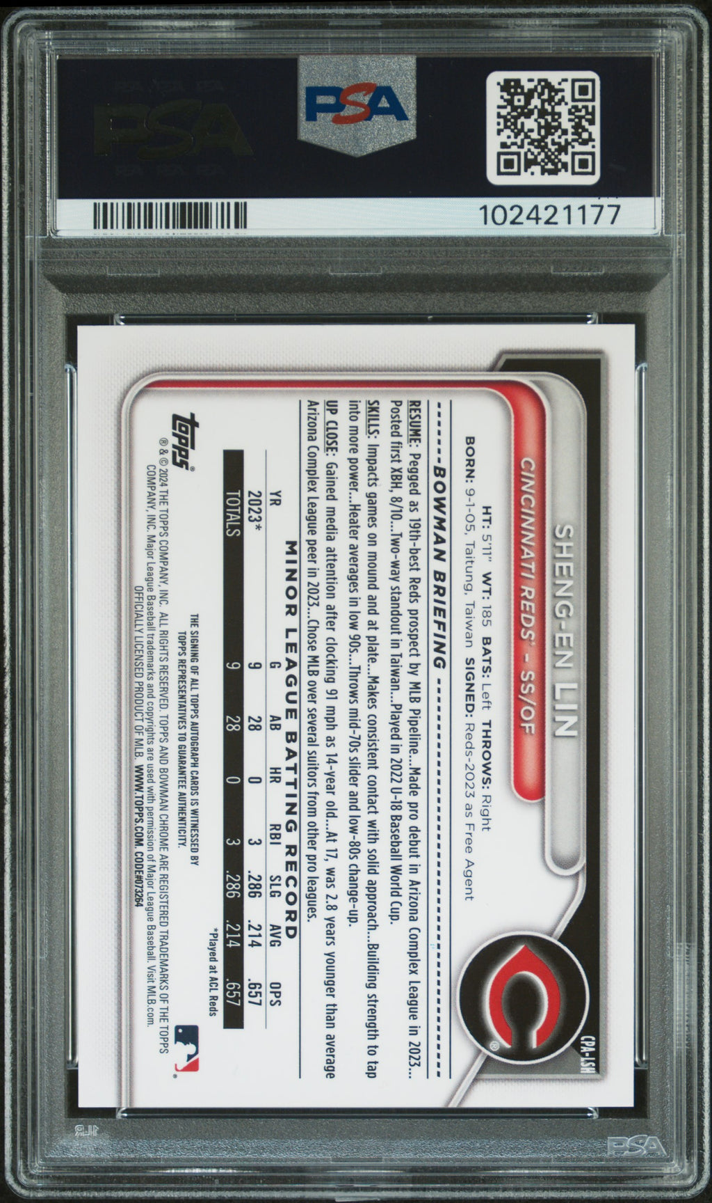 2024 Bowman Chrome Prospect Autographs Sheng-EN Lin #CPALSH PSA 9Auto