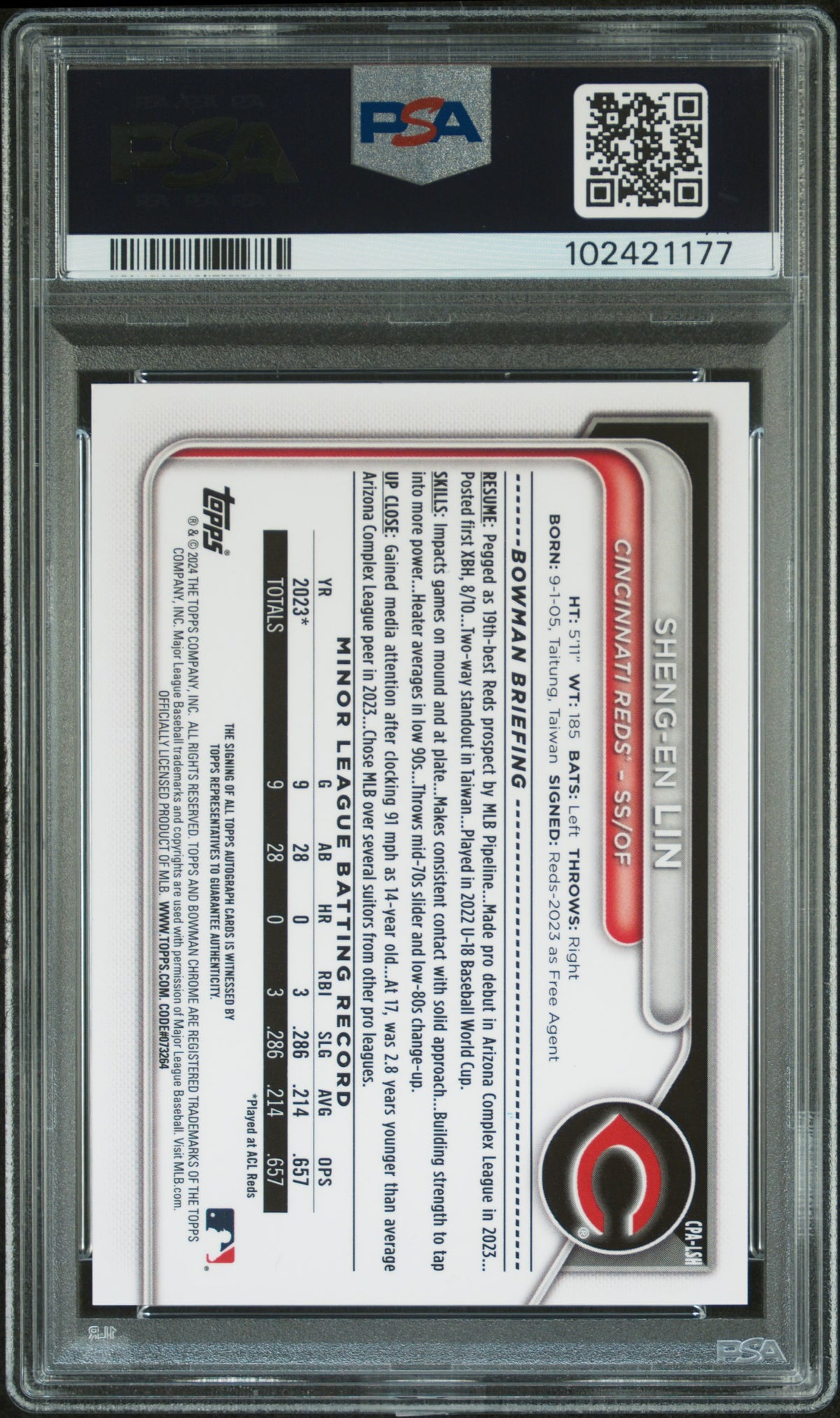 2024 Bowman Chrome Prospect Autographs Sheng-EN Lin #CPALSH PSA 9Auto