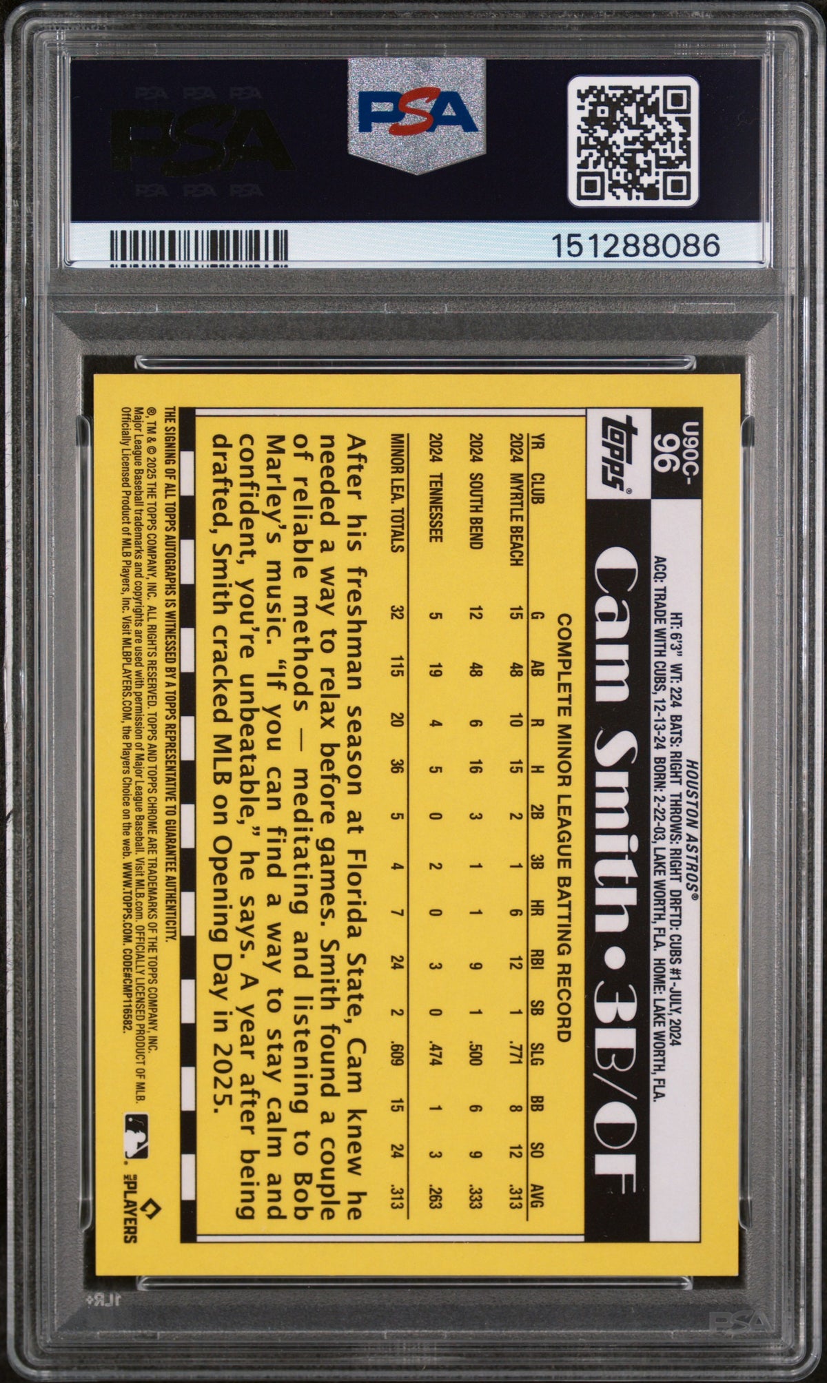 2025 Topps Update 1990 Chrome Promo Cam Smith #96 Autograph /199 PSA 10