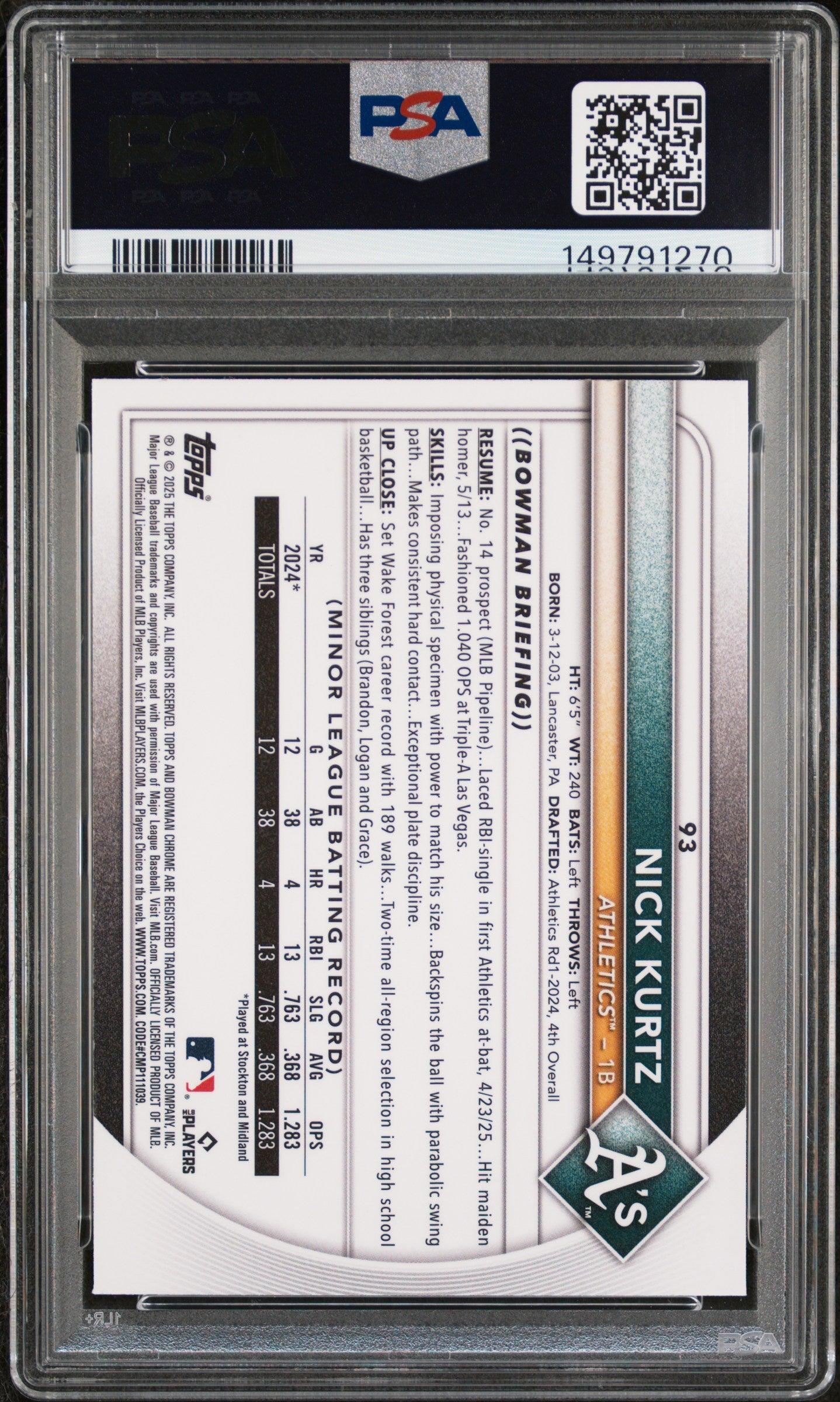 2025 Bowman Chrome Mega Box Nick Kurtz #93 PSA 10
