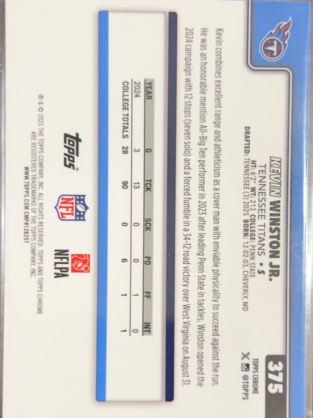 2025 Topps Chrome Kevin Winston Jr. #375 Prizm RC